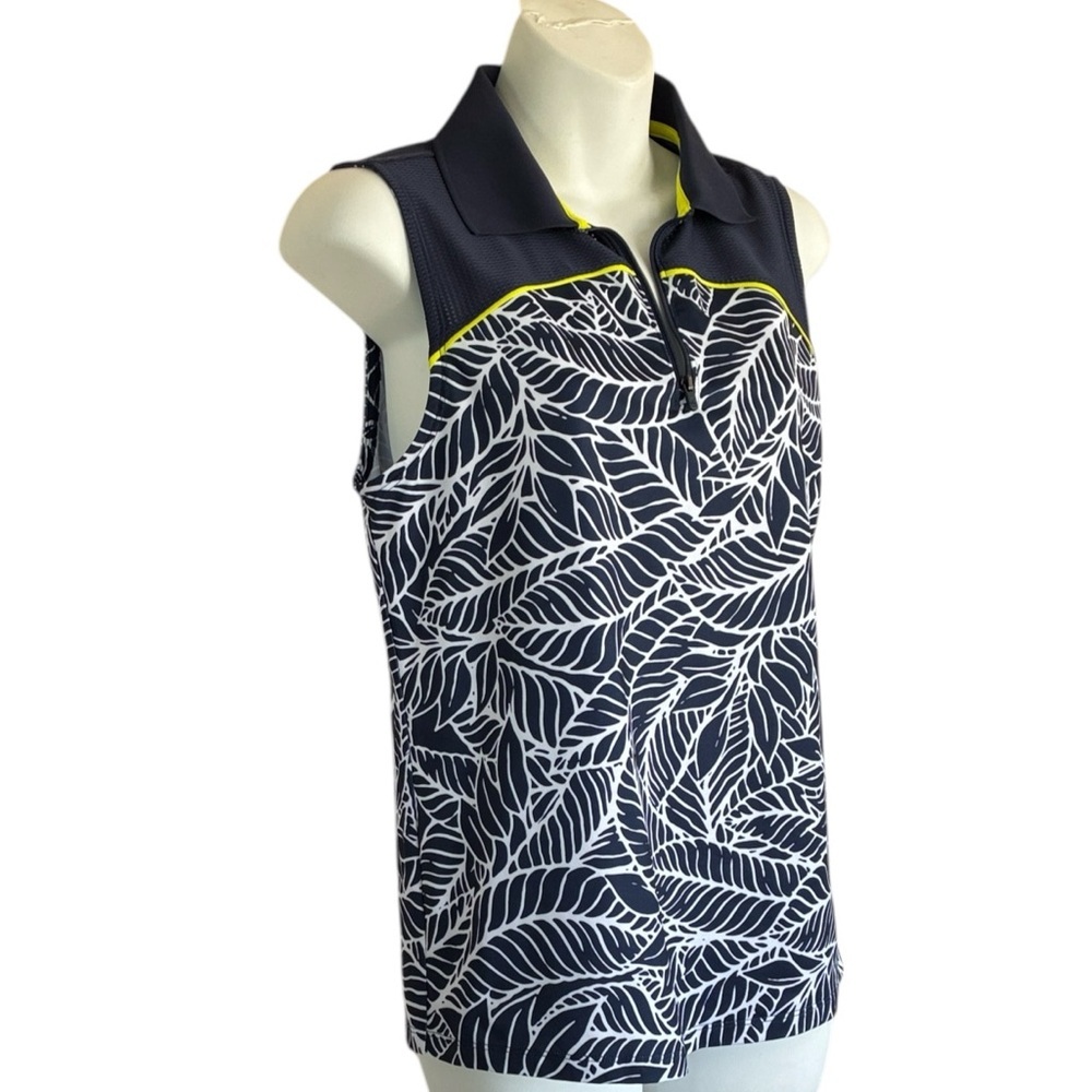 FILA SPORT Navy Leaf Print Sleeveless Polo Golf Top. S